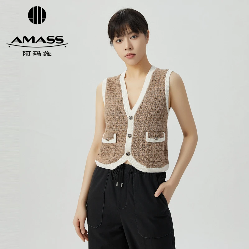 阿玛施AMASS新款V领千金小香风针织马甲通勤百搭背心上衣5499207