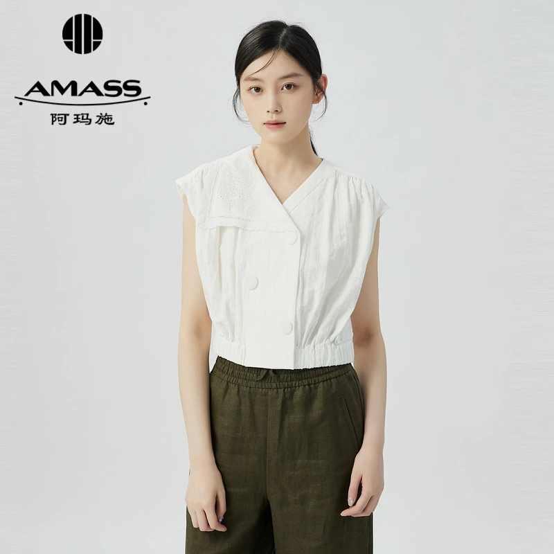 阿玛施AMASS新款精致不对称领片无袖纯色修身衬衫女衬衣5300929