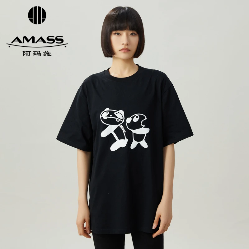 阿玛施AMASS新款女装通勤宽松圆领潮牌时尚达人印花T恤5300858