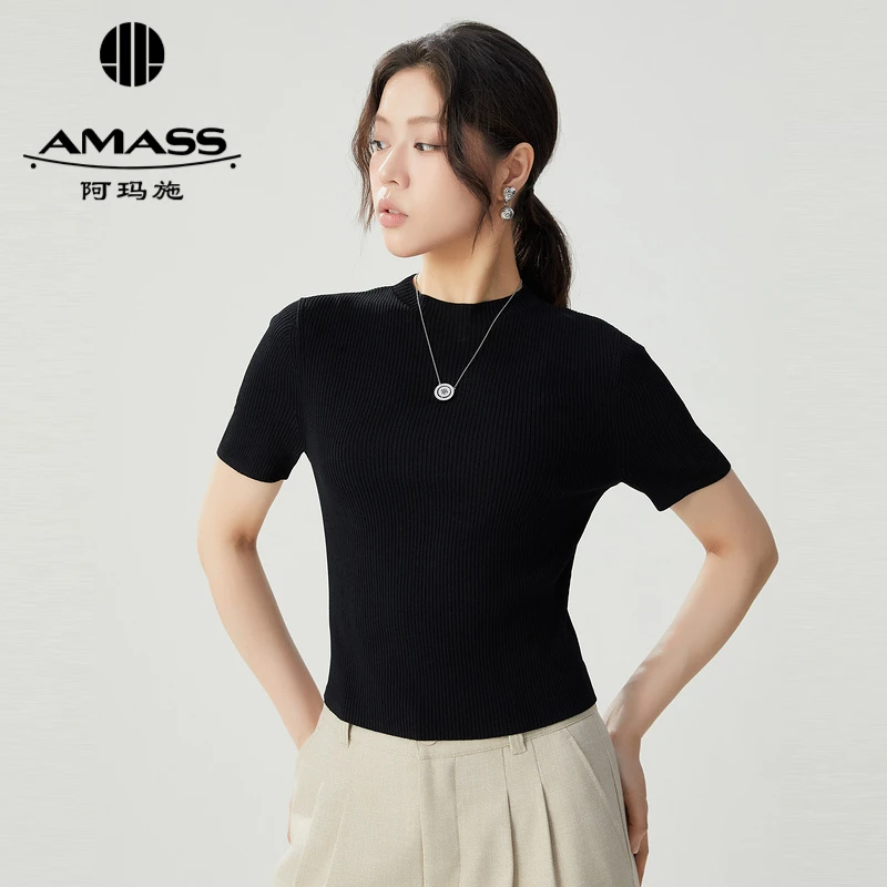 阿玛施AMASS新款简约显瘦冰丝短袖百搭学院风多巴胺针织衫5399601
