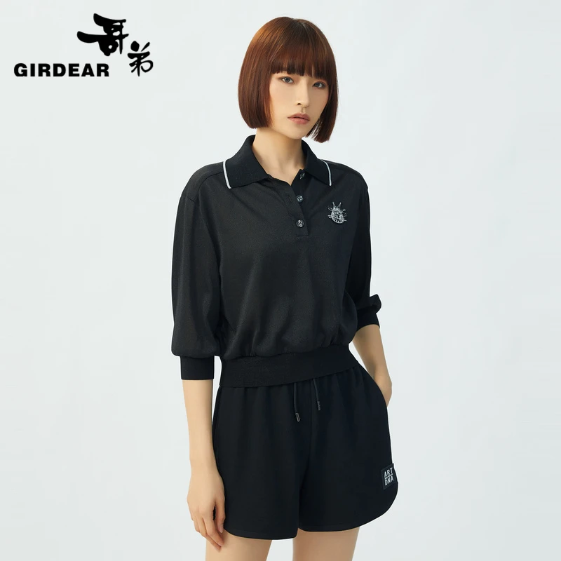 哥弟百搭短款中袖刺绣印花三粒扣Polo衫女装1300628