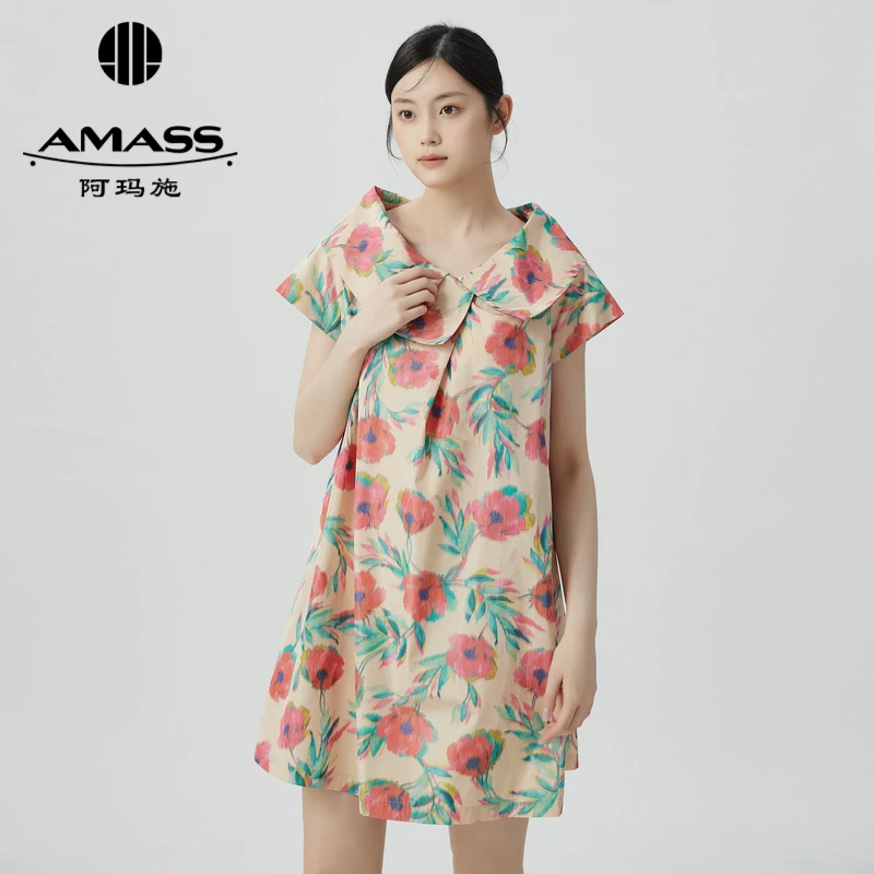 阿玛施AMASS新款女装通勤翻领甜美不规则轻礼服连衣裙中裙5500431