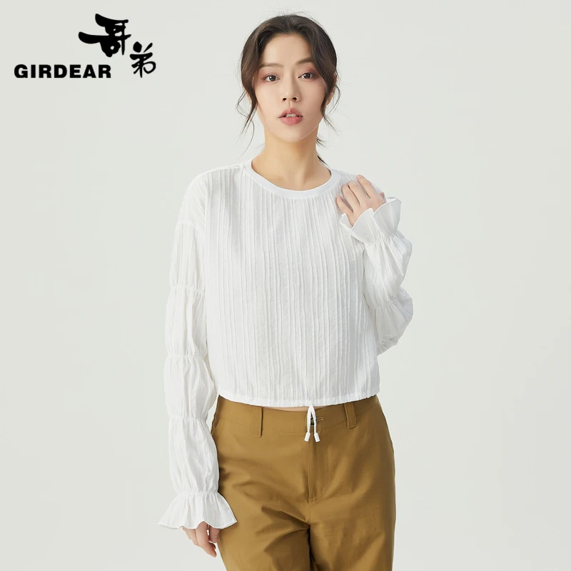 哥弟新款竹节袖设计感小众圆领长袖短款宽松T恤上衣女1300972