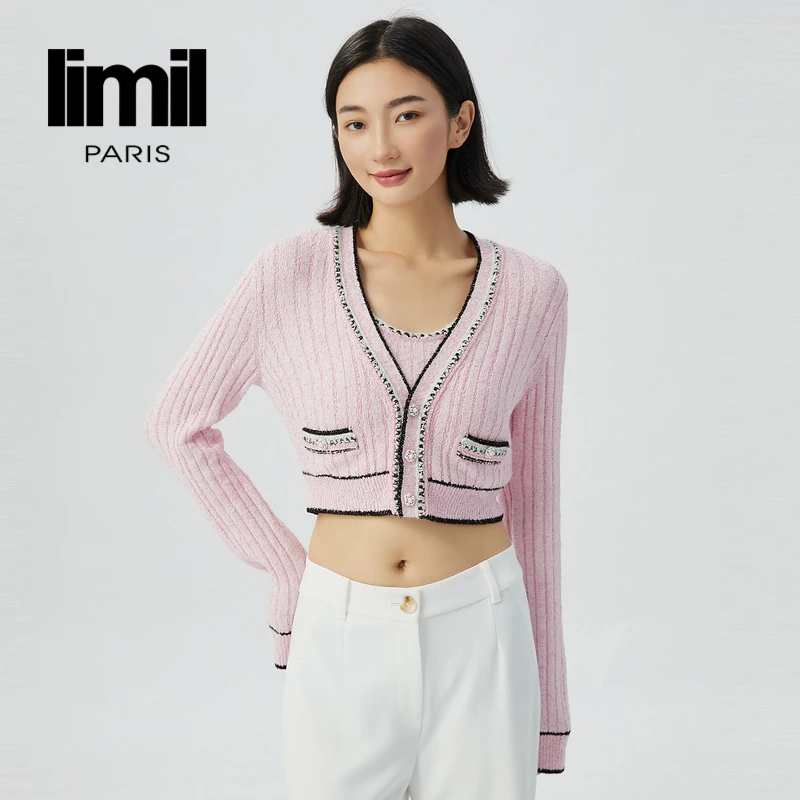 阿玛施丽米儿limil精致优雅轻柔浅粉色V领短款针织开衫女 9499016