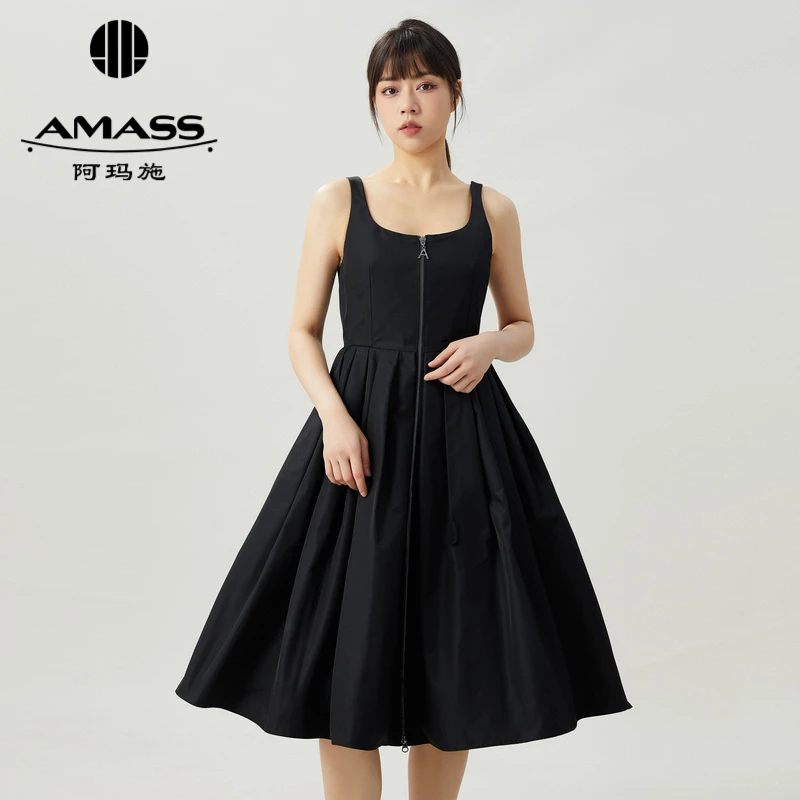 阿玛施AMASS新款女装显瘦拉链式简约质感复古无袖连衣裙5500446-2