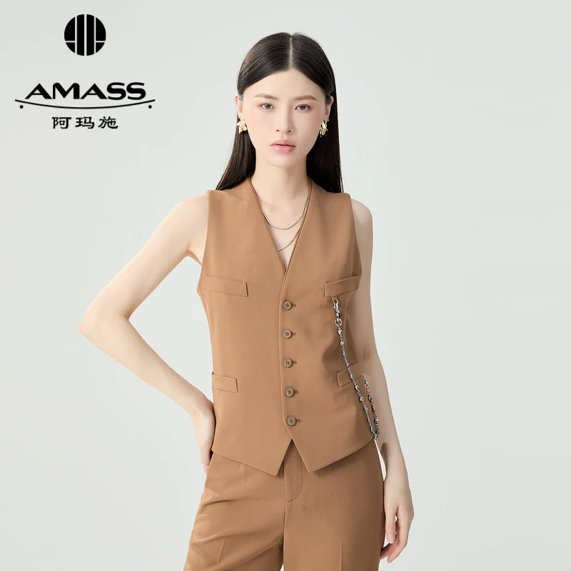 阿玛施AMASS新款女装通勤V领收腰西装马甲外套(附金属链)5400780