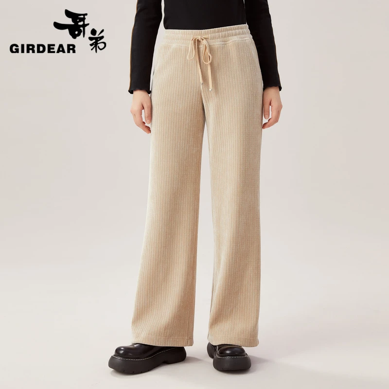 哥弟新款女装休闲百搭高腰显瘦雪尼尔抽绳百搭直筒长裤1100280-2