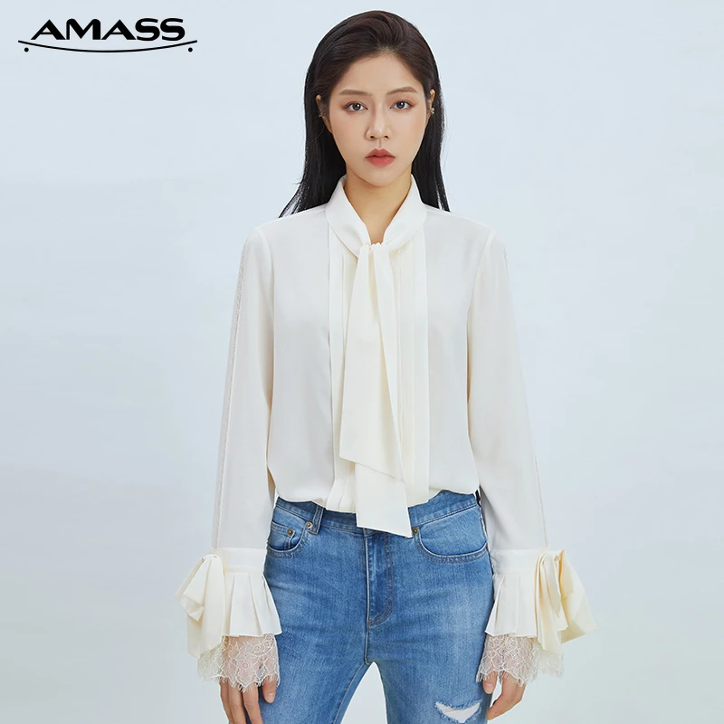 阿玛施AMASS新款女装质感垂坠感桑蚕丝衬衣长袖飘带衬衫5300584