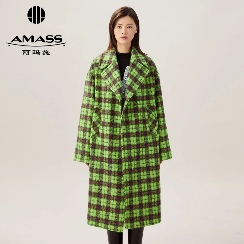 阿玛施AMASS新款女装翻领宽松长款格纹绵羊毛大衣外套5400541-2