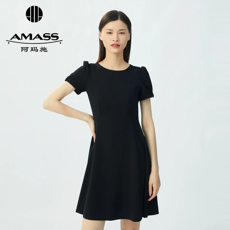 阿玛施AMASS新款女装气质圆领A型法式公主袖连衣裙短裙5500438