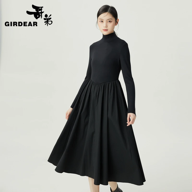 哥弟新款女装法式赫本气质显瘦小黑裙长袖纯色连衣裙长裙1500482