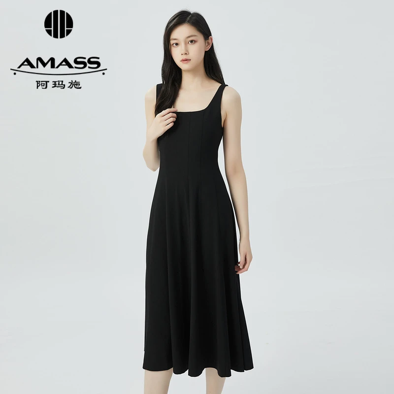 阿玛施AMASS新款女装复古气质纯色无袖连衣裙长裙收腰洋装5500546