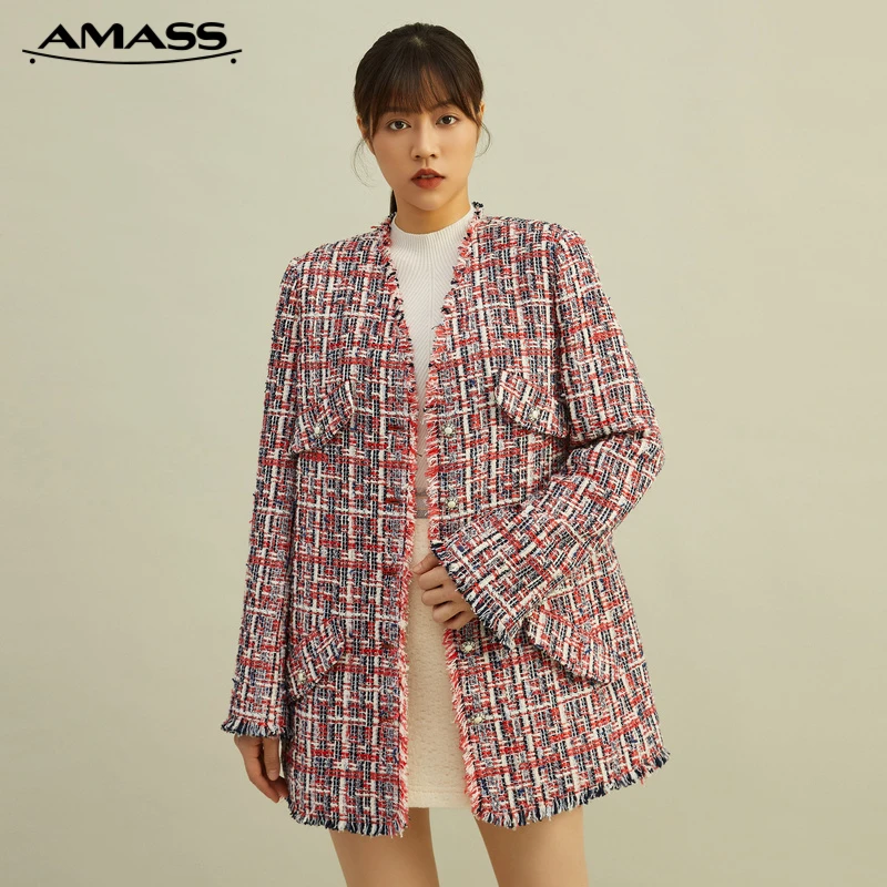 阿玛施AMASS新款女装复古奇幻时尚花呢千金小香风V领外套5400601