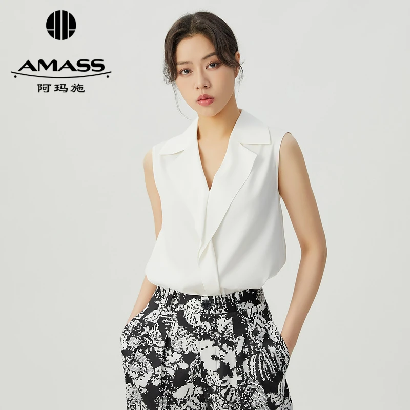 阿玛施AMASS新款女装质感通勤V领荷叶边桑蚕丝无袖衬衫女5300850