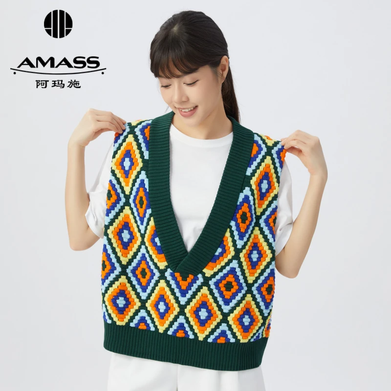 阿玛施AMASS新款女装气质V领活力彩色百搭造型针织马甲5399582