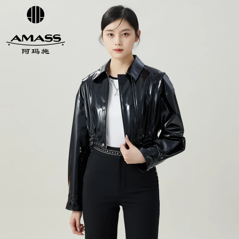 阿玛施AMASS潮酷飞行员长袖休闲百搭PU皮夹克短款外套女5400625-3