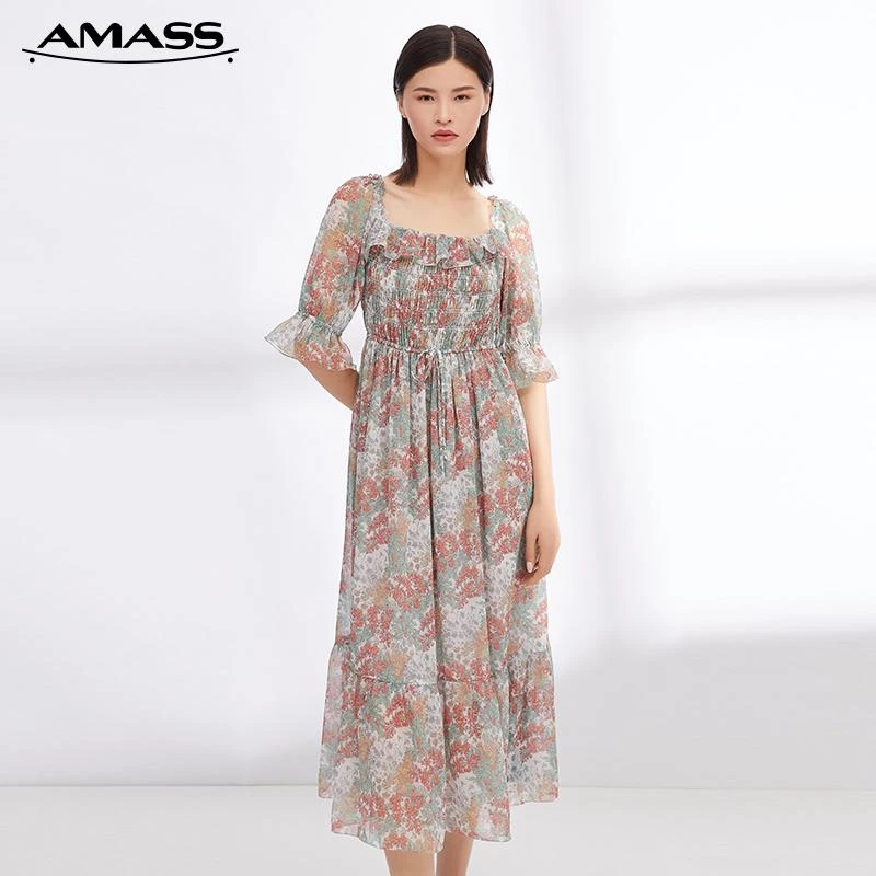 阿玛施AMASS新款女装气质高腰方领五分袖印花连衣裙长裙5500354