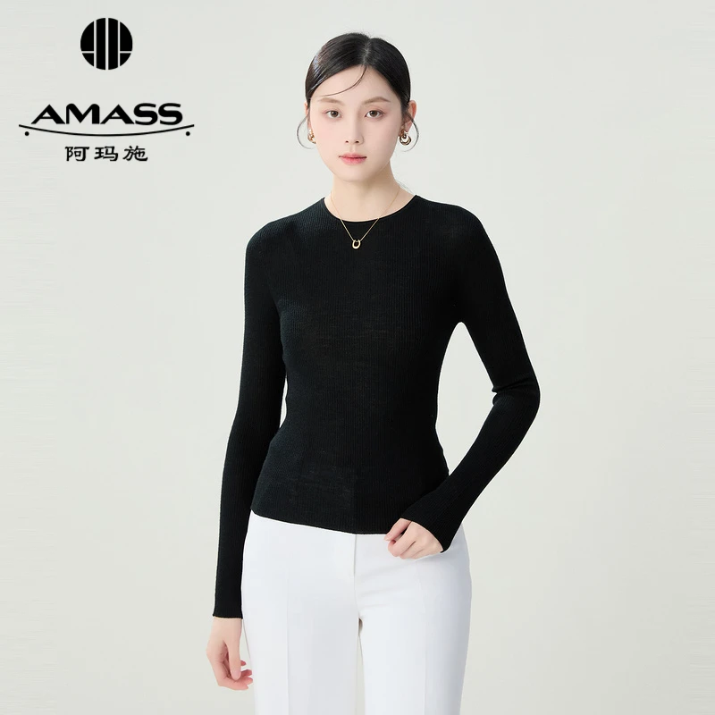 阿玛施AMASS新款时尚基础款竖坑条百搭圆领绵羊毛针织衫女5399775