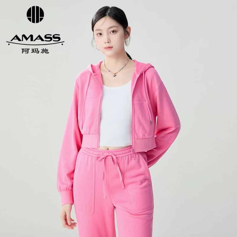 阿玛施AMASS新款女装时髦显瘦短款休闲运动连帽卫衣外套5400683-2