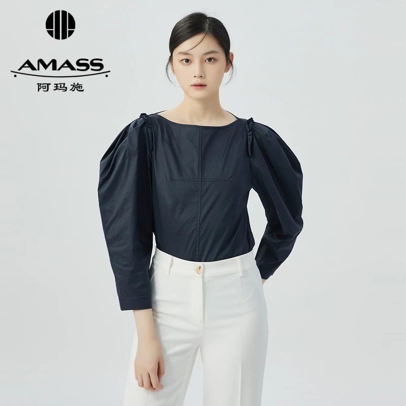 阿玛施AMASS新款女装简约质感光泽造型泡泡廓形纯色衬衫5300903