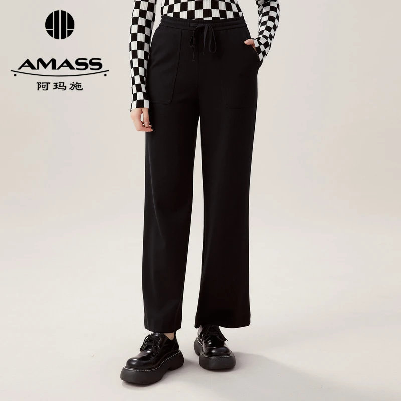 阿玛施AMASS新款女装气质宽松松紧腰纯棉直筒长裤休闲裤5100386-2