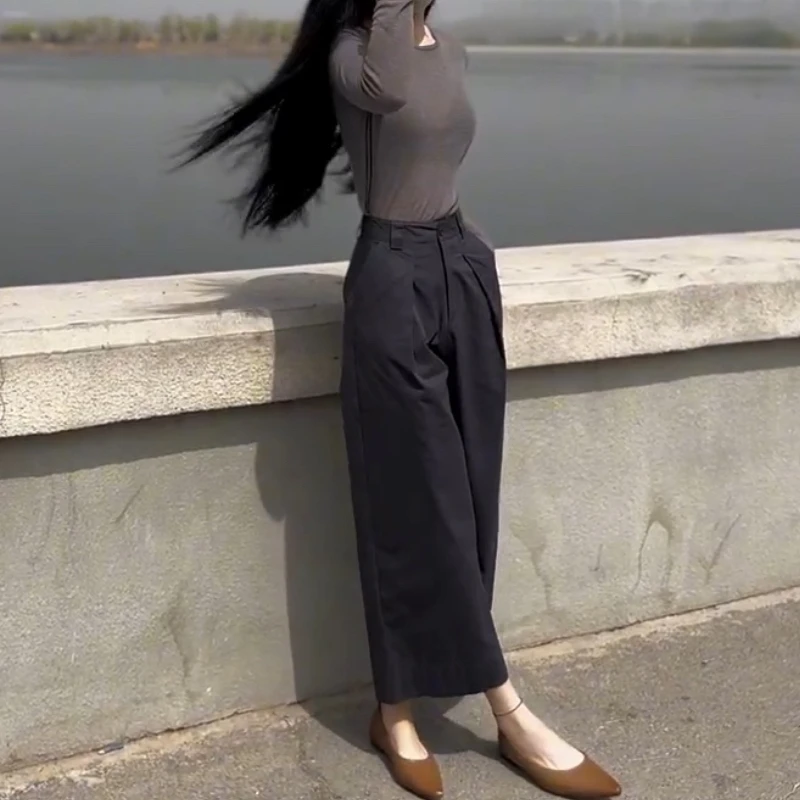 大码女装藏蓝色西装裤女复古通勤西装裤夏季高腰显瘦阔腿九分裤