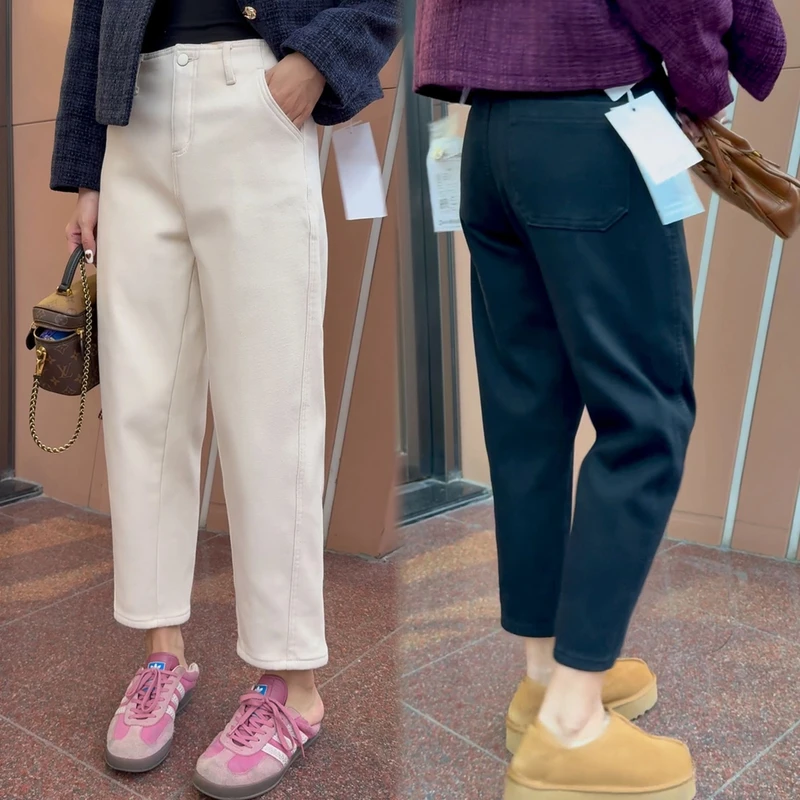 冬季加绒梨型身材大码胖mm高腰时尚百搭镰刀宽松显瘦直筒裤子女