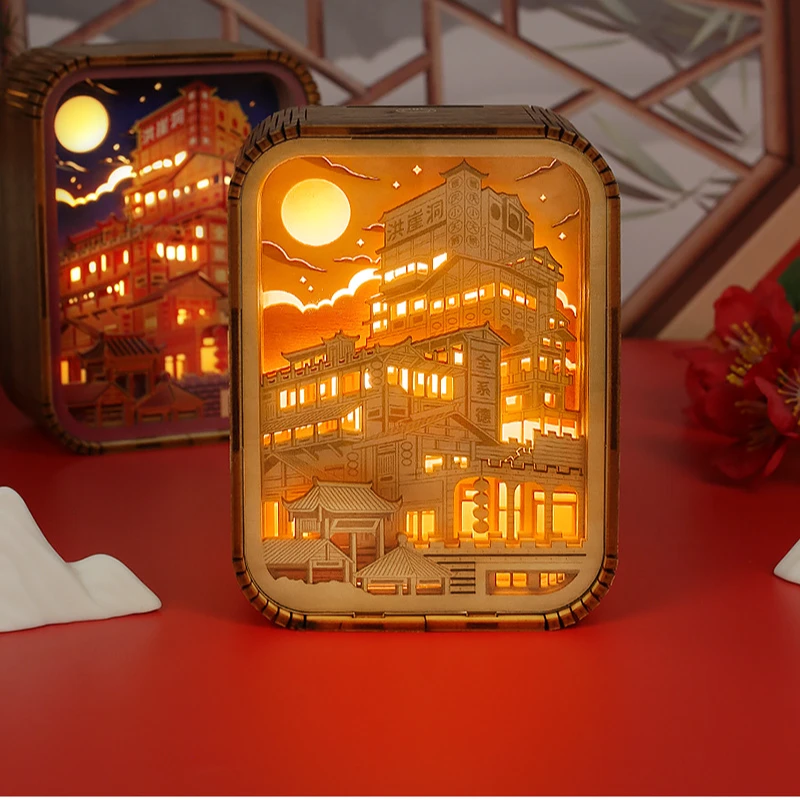 重庆洪崖洞木雕灯创意文创工艺礼品景区纪念礼物桌面摆件3D小夜灯