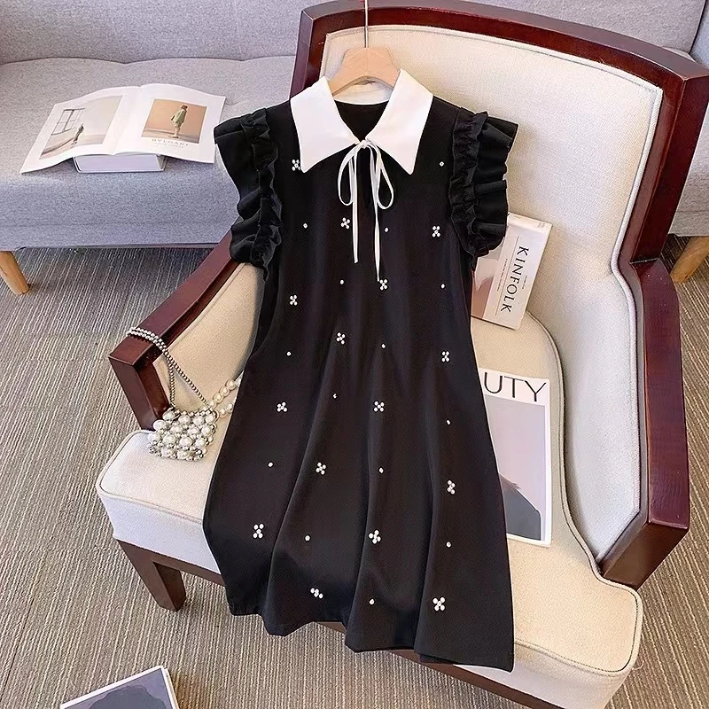 气质黑色荷叶边法式小飞袖显瘦女连衣裙