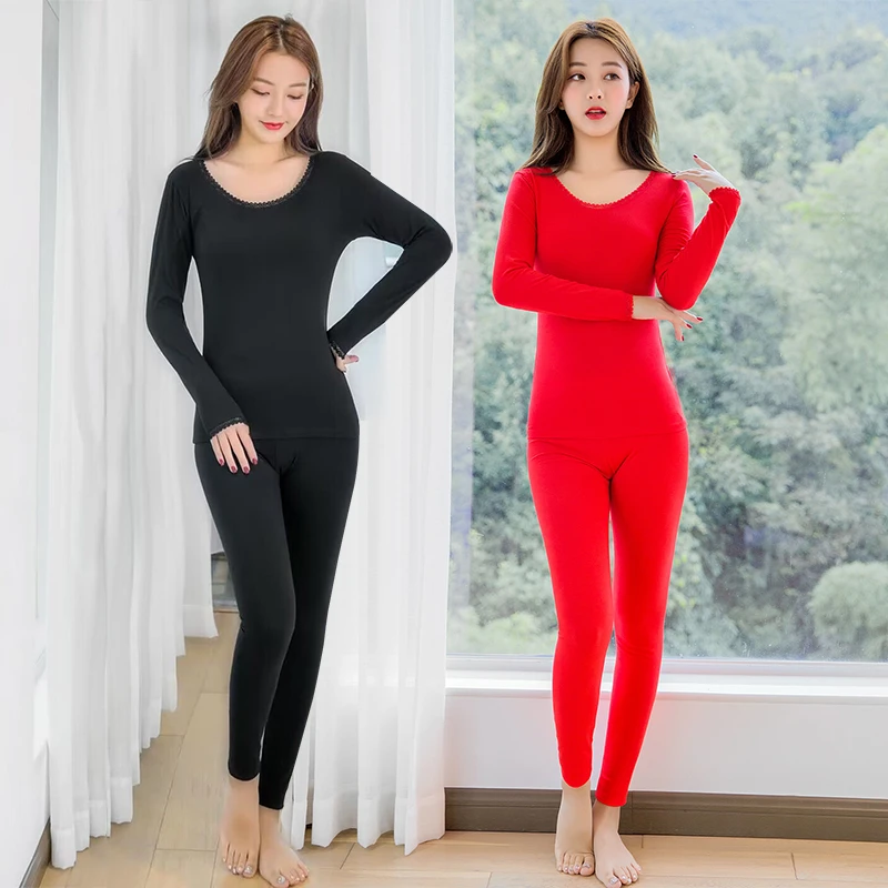 女士纯棉低领秋衣秋裤套装薄款保暖内衣两件套本命年大红色棉毛衫