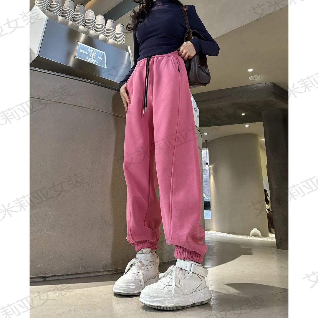 高个子加长款加绒加厚宽松显瘦束脚弯刀裤女高腰小标拼接休闲长裤