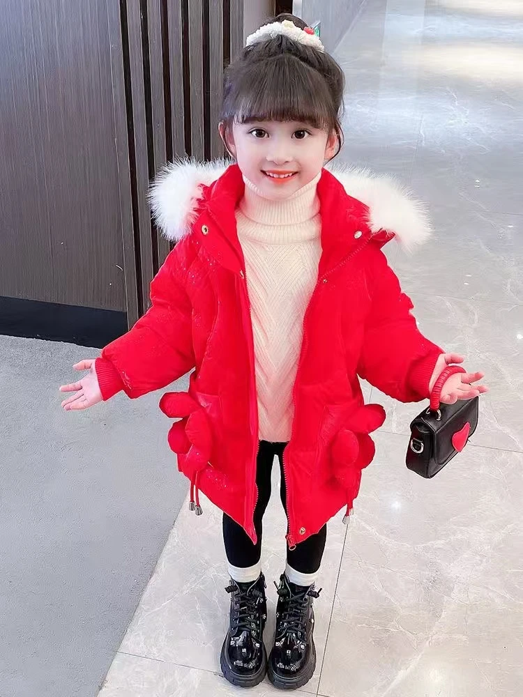 儿童冬装加绒加厚女童棉服宝宝连帽中小童大红色女孩洋气外套棉袄