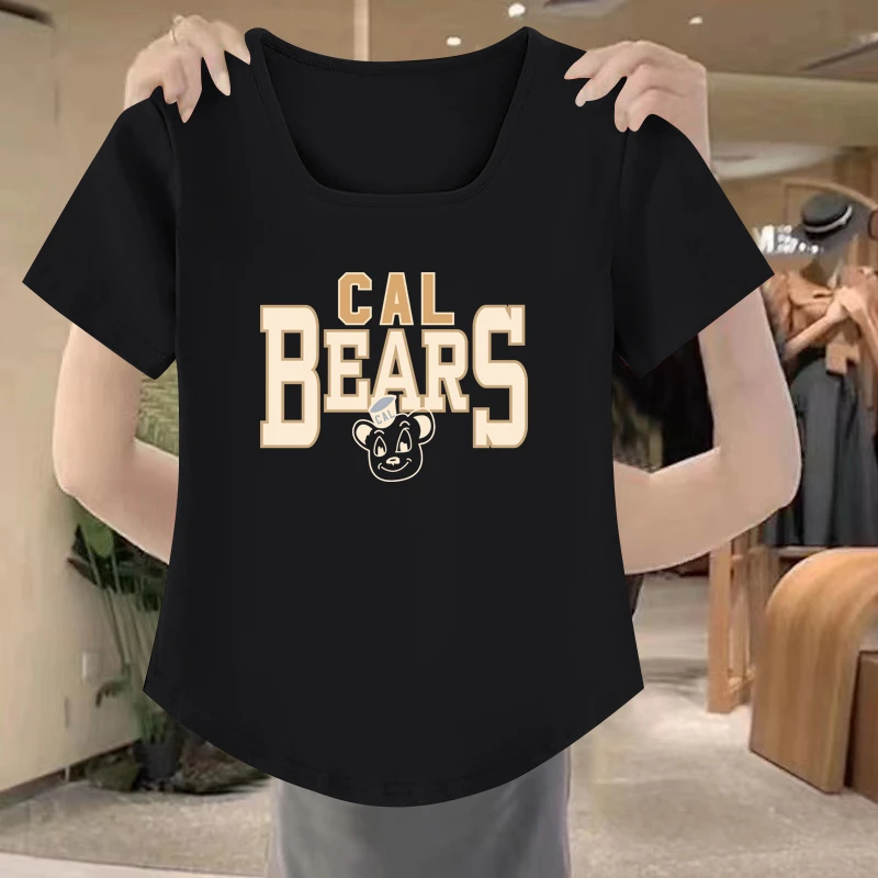 清仓捡漏新款夏季方领宽松短袖不规则上衣休闲韩版黑色百搭T恤女