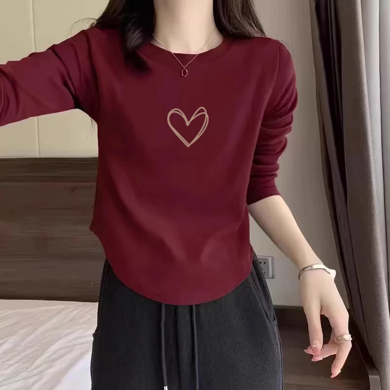 纯棉安可拉红正肩t恤修身穿搭打底衫不规则洋气爆款印花长袖上衣