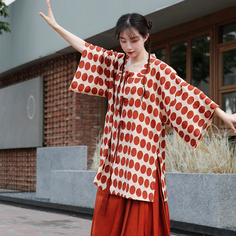 红果果明制春夏款汉服日常百搭宽松复古古风对襟印花汉元素中式