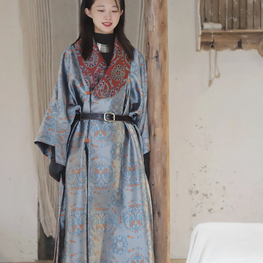 谜阿凰对鸟团窠纹锦袍唐制披袄古装新中式春秋冬宽松原创改良汉服