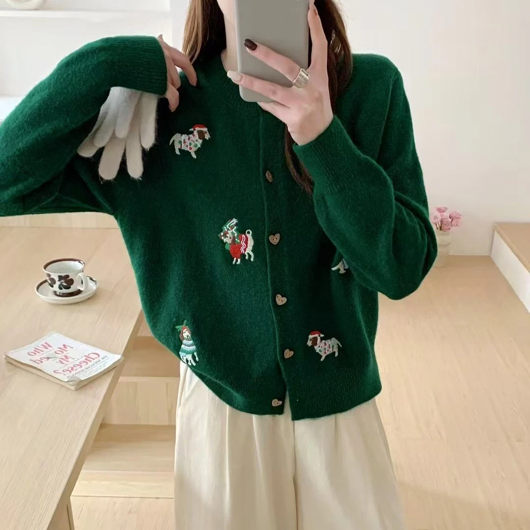 圣诞极简风老钱针织衫秋冬本命年宽松百搭女装长袖小香风短款烟青
