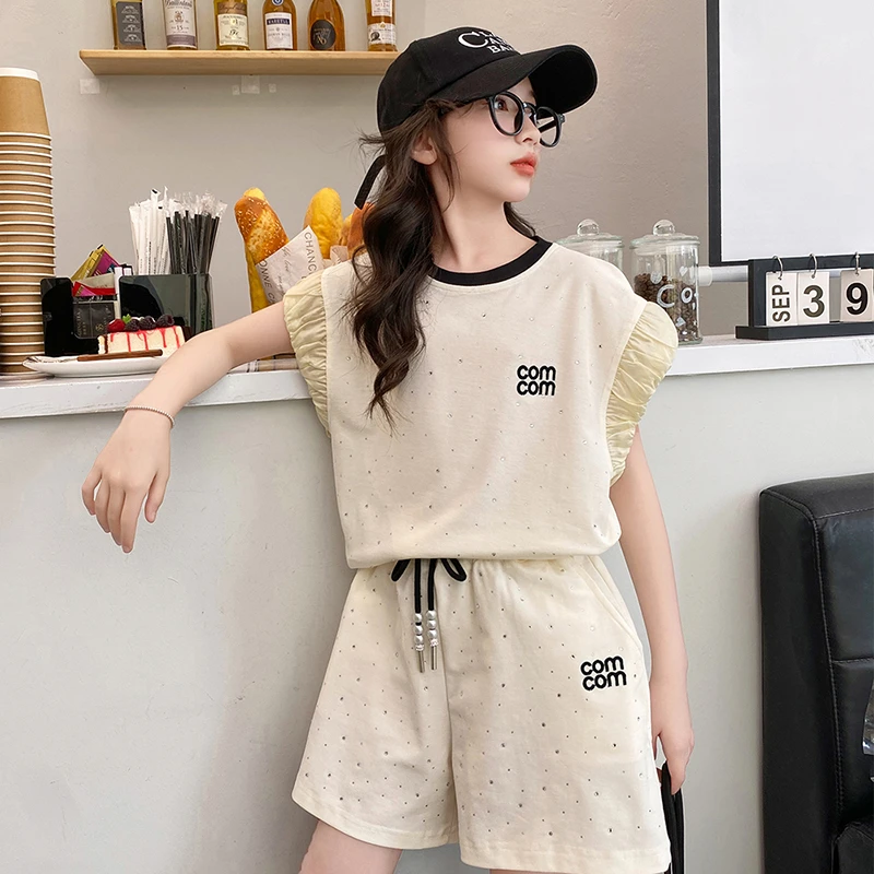 女童夏款无袖花边袖短裤套装中大童休闲时尚烫钻字母印花两件套