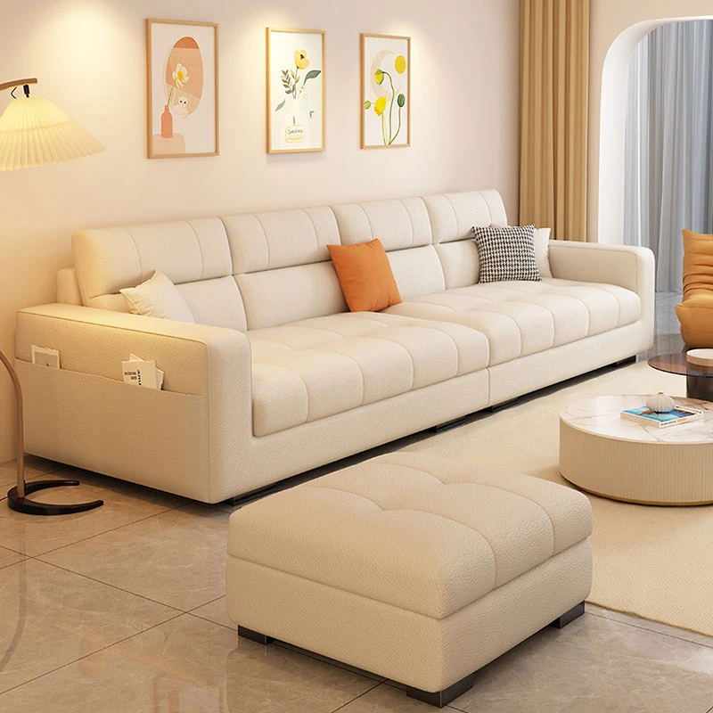 柏丝纳奶油风猫爪皮沙发北欧轻奢乳胶三四人豆腐块科技布家具