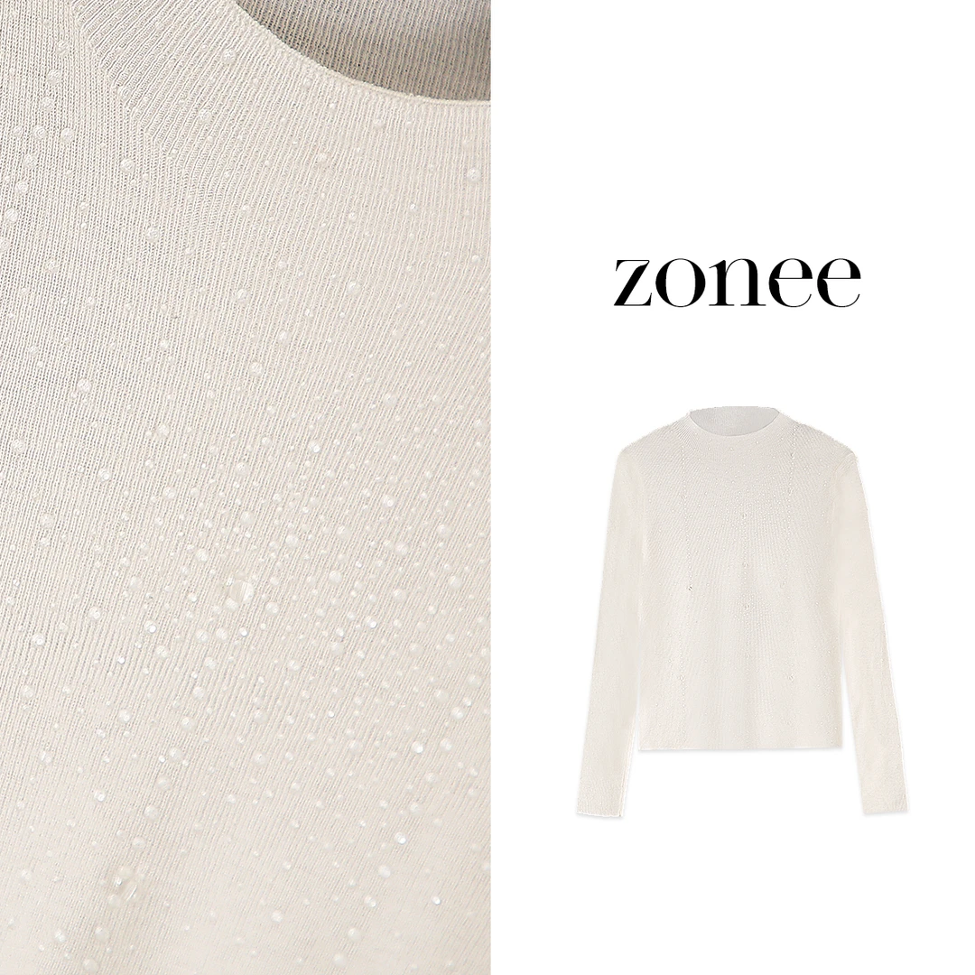 ZONEE 公主的泪滴 原创老钱感手工水晶钉珠精细半高领上衣