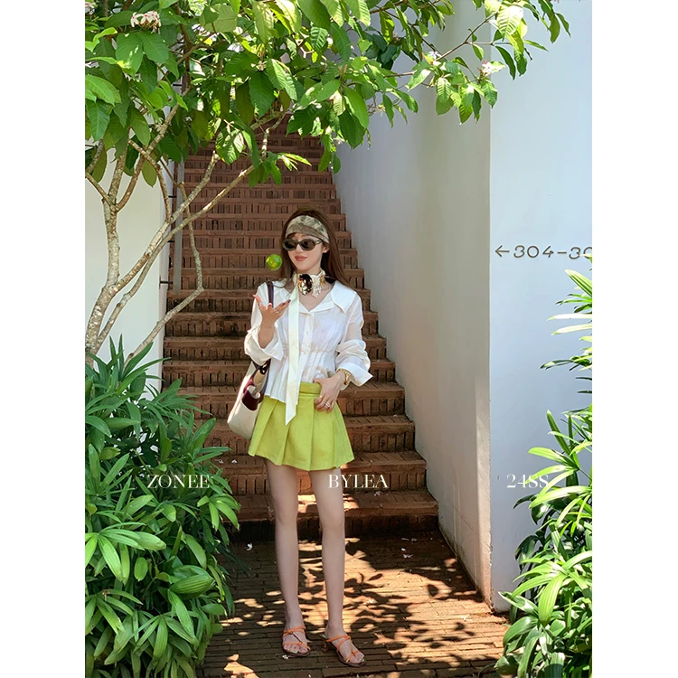 ZONEE Avocado Lemon 设计法式春夏款绿色百搭高腰气质短款百褶裙