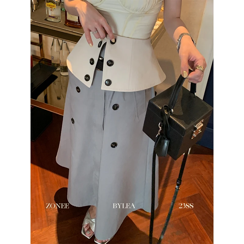 Lea宋亦雯 雀跃灰 法式设计感休闲秀场款灰白拼色西服A字优雅半裙