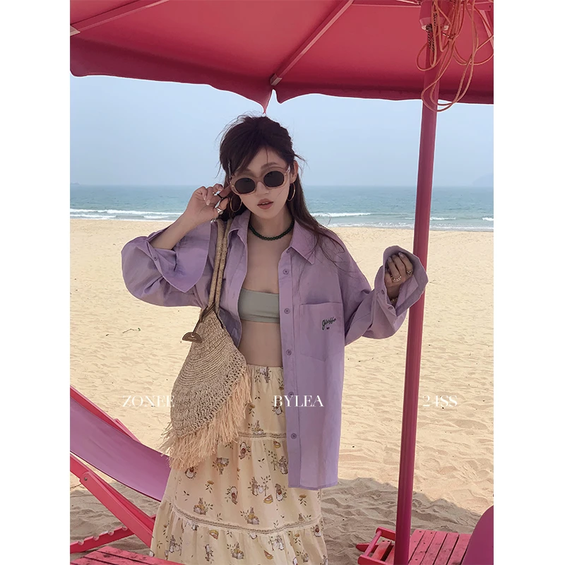 ZONEE 紫紫奈奈儿 法式设计感百搭紫色绿色刺绣细节宽松衬衫上衣