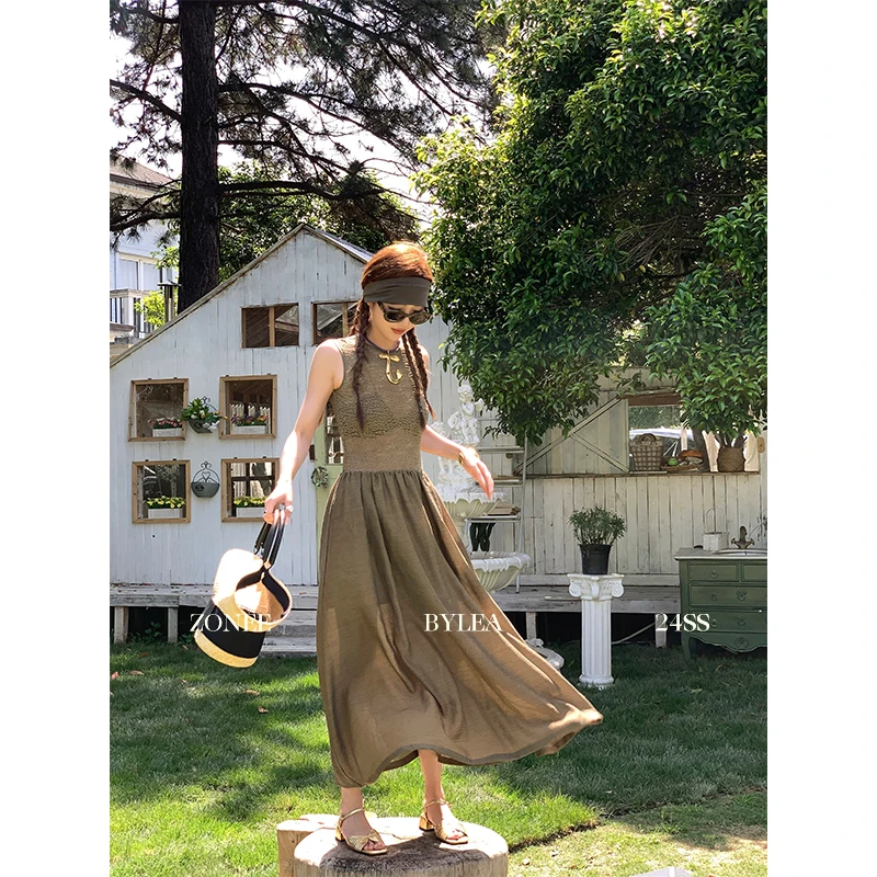 ZONEE 美式森林 法式原创气质时髦感夏日无袖微透长款绿色连衣裙
