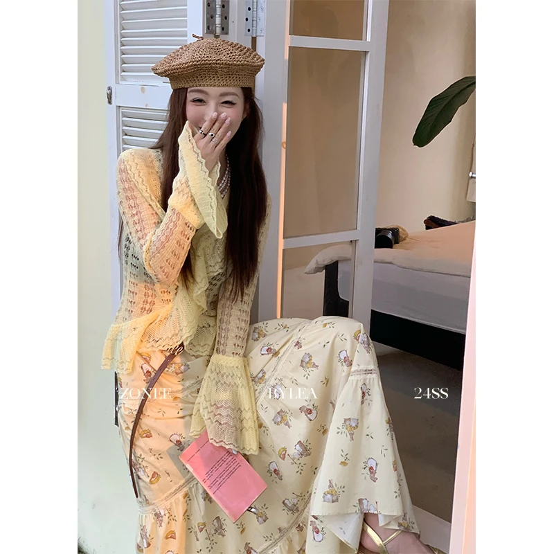 ZONEE 梨菊双子花 原创设计法式休闲鹅黄色镂空花瓣感针织开衫