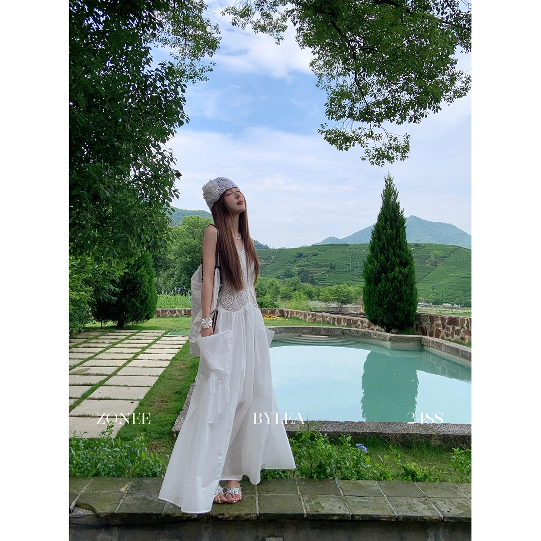 ZONEE THE ANGELA 法式原创气质感镂空口袋设计白色长款连衣裙