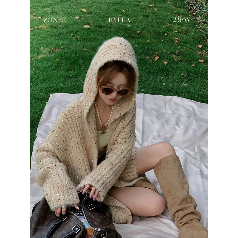 ZONEE Jelly Oats 重工多色毛衣！松弛感珠片纱+羊毛连帽毛衣开衫