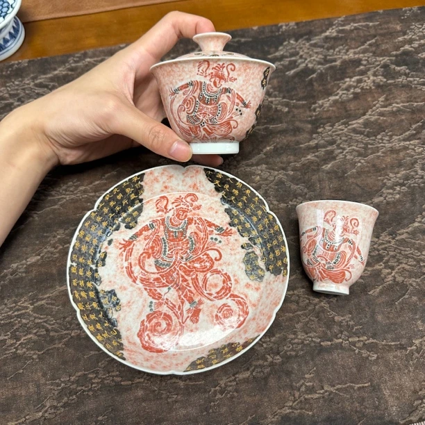 景德镇手工高温茶器一拓天成敦煌墨拓击鼓飞天盖碗