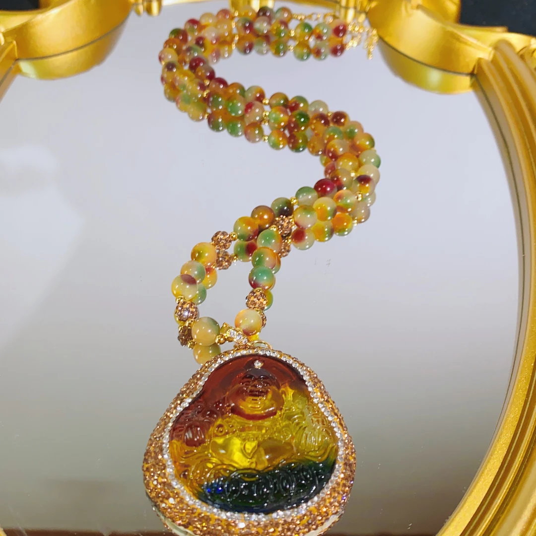 铜合金合成锆石项链 TTSD 彩色雕刻佛公时尚百搭项链 7345