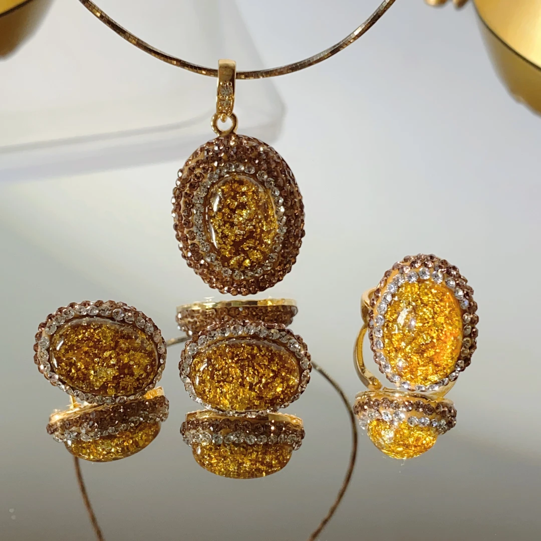 铜合金合成锆石吊坠 TTSD 黄色椭圆形时尚蛋面吊坠三件套 8431